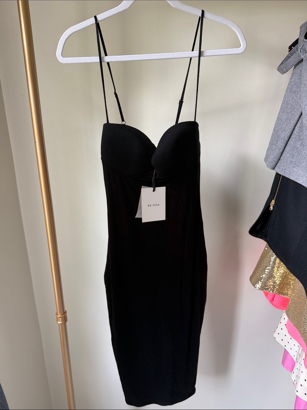 Re Ona Black Spaghetti-Strap Midi Bodycon Dress